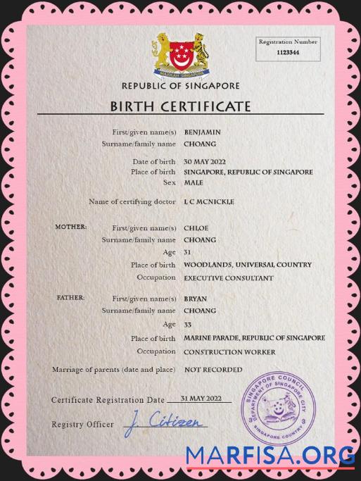 Downloadable Singapore vital record birth certificate PSD template